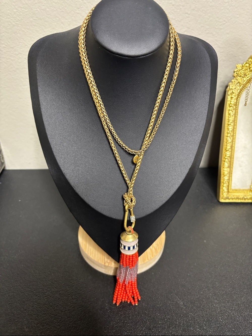 Stella & Dot Retired Natasha Glass Beaded Tassel Long Chain Gold Tone Necklace